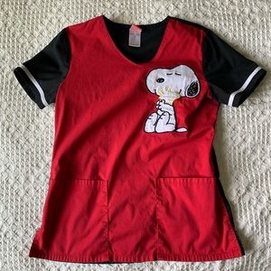 Snoopy Pediatric Scrub Top Red Black